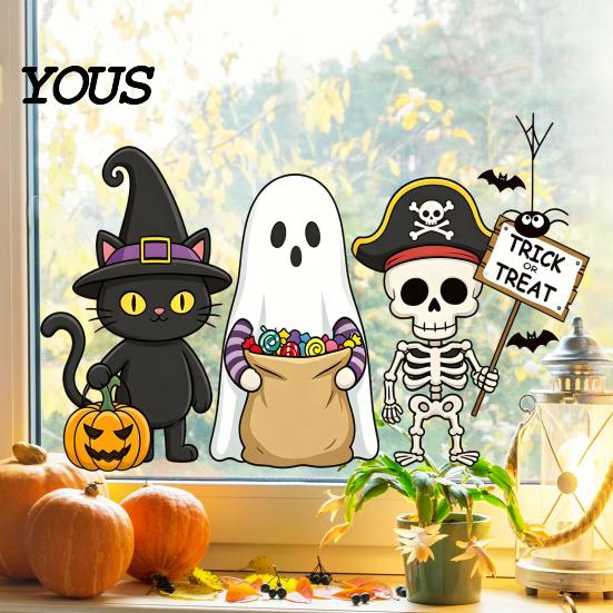 Reusable Holiday Window Sticker Static Glass Sticker, No Residue Clings, Festive Decal with Halloween Dwarf Wizards Black Cats Ghosts Skeletons