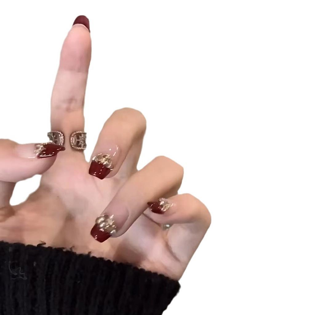 New Year's Manicure Hand-wearing Nails Handmade Wine Red New Year's Manicure French Flash Champagne Diamond