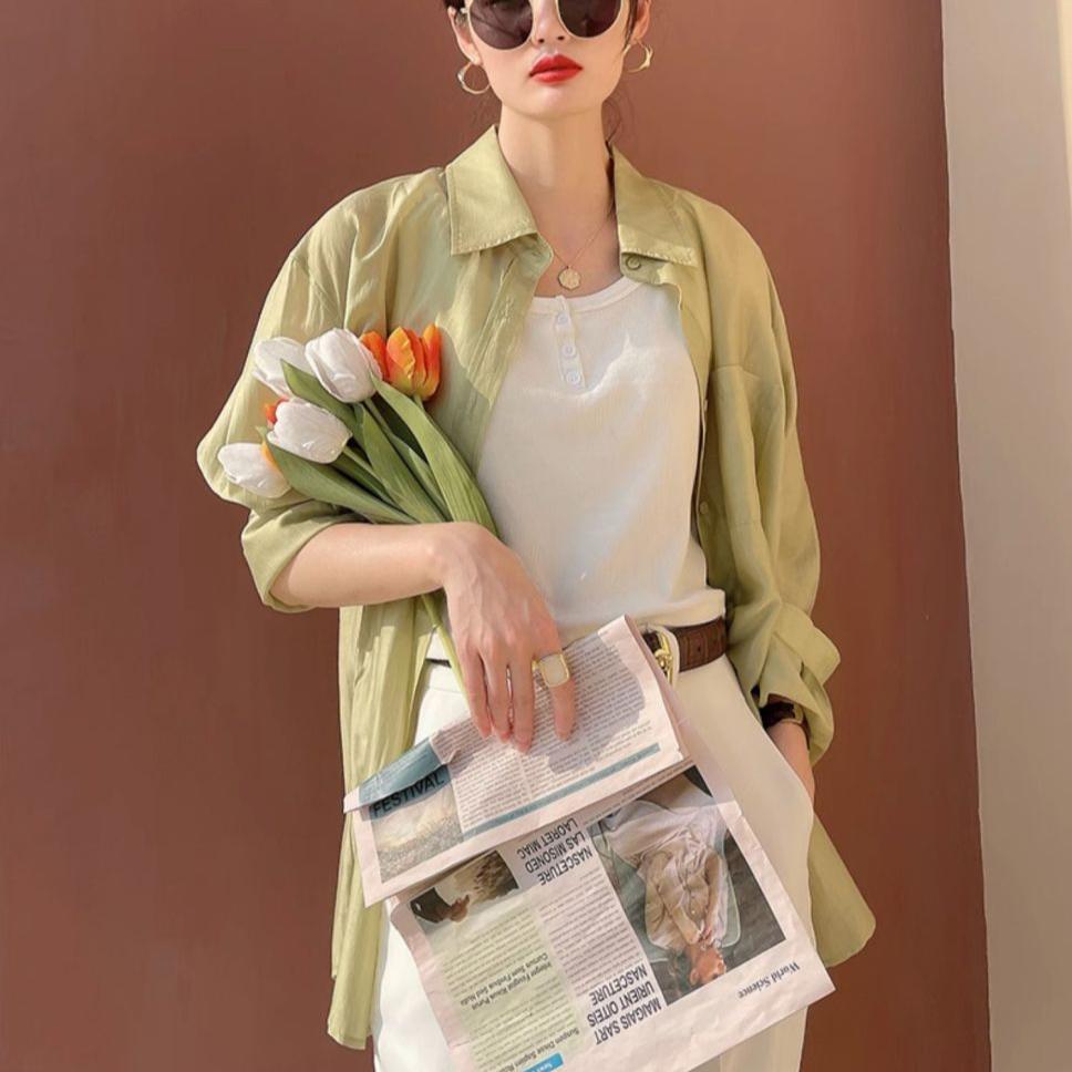 Summer Sunscreen Shirt Long Sleeve Ice Silk Breathable Top Women's Loose Shirt Thin