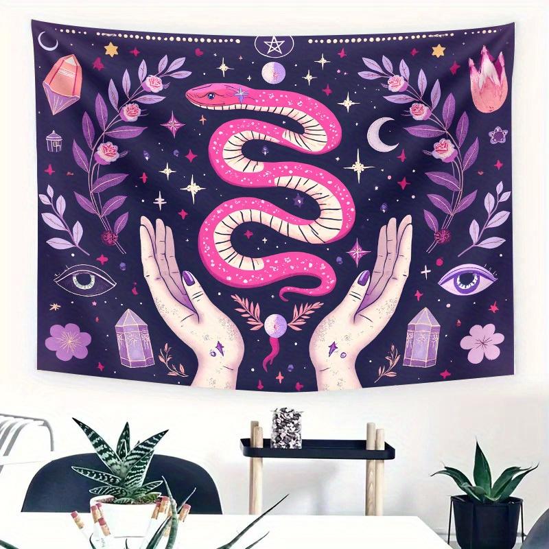 

Pink Snake with Hands Tapestry Crystal and Moon Pattern Bohemian Style Wall Hanging for Bedroom or Dorm Decor 74x94cm(29x37in)