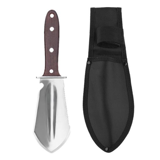Zahradní lopatka 4 v 1 se zoubkovanou hranou Nerezový řezač s dřevěnou rukojetí Pochva Multifunkční lopatka pro sázení Řezání Kempování