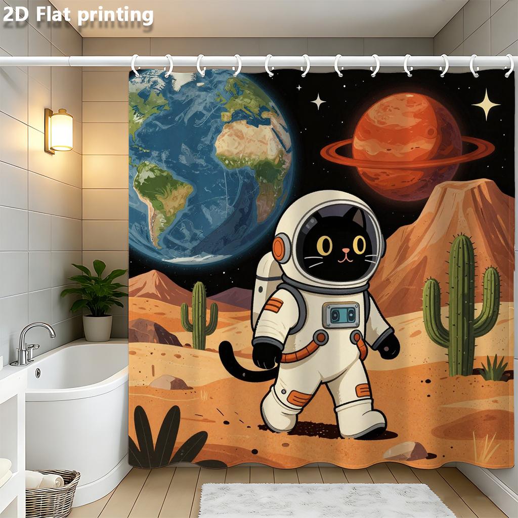 

Cartoon Black Cat Astronaut Shower Curtain – Mars Desert, Earth & Saturn, 2D Flat Print, Polyester, 70.8 X70.8 Inch W60H190(CM)-1 Pcs