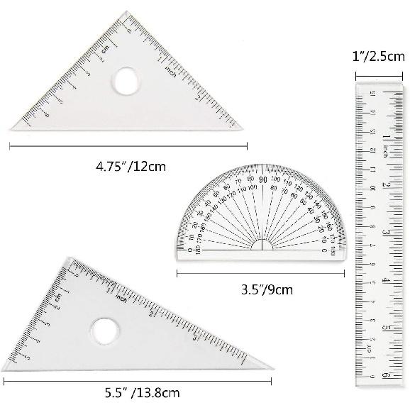 Coopay 4 Pieces Math Geometry Tool Set Includes Plastic Clear Ruler, Protractor, Triangle for School Office Home Supplies (6 inch)