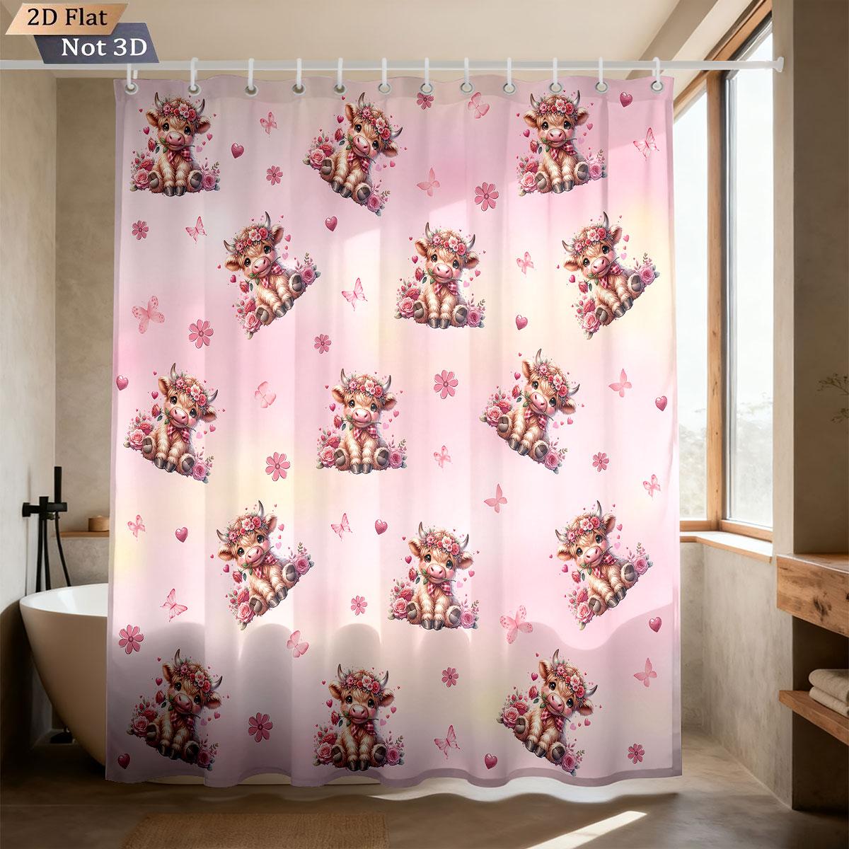 

1Pc Flower Highland Cow Print Waterproof Shower Curtain Partition Privacy Hanging Curtain, With 12 Hooks, Multiple Sizes W60H190(CM)-1 Pcs
