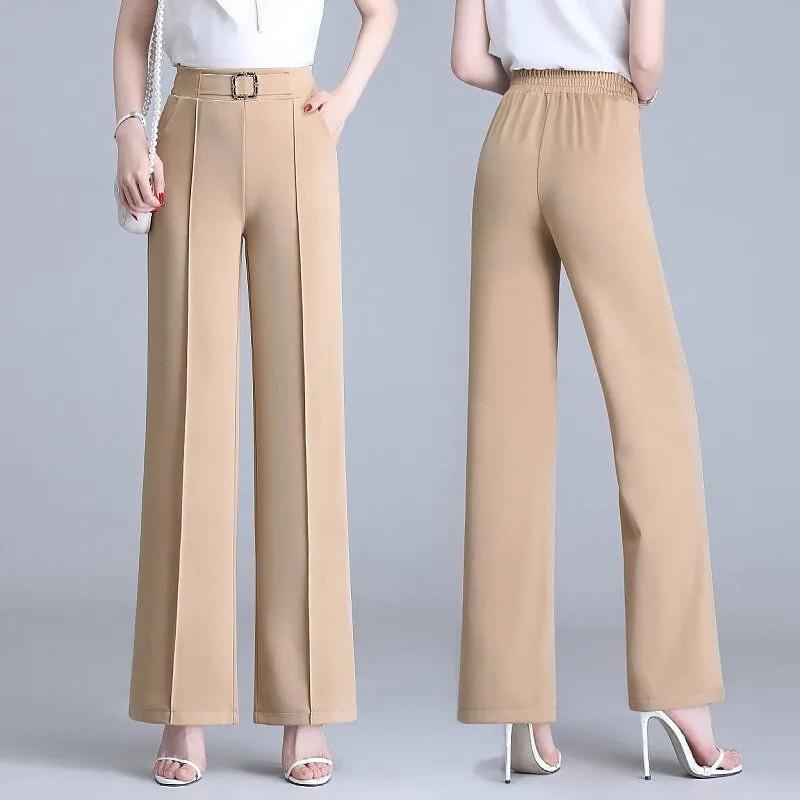 Spring and Summer High Waist Ice Silk Wide Leg Pants Mom's Straight Trousers Elegant Elastic Waist Baggy Pants Women