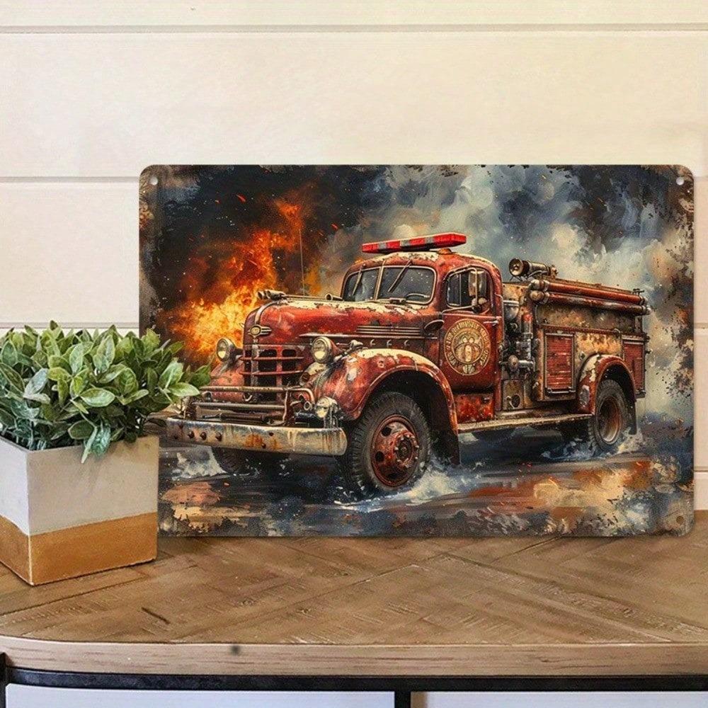 Vintage Fire Truck Flames Metal Poster Wall Art for Garage Bar 20x30 cm