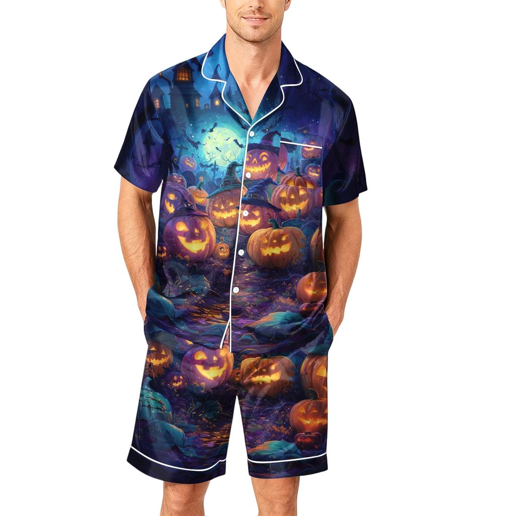 Men's Short Sleeve Pajama Set Button Down Shirt with Hemmed Shorts Soft Casual Sleepwear Lounge Set Available In Sizes S To XXXXL