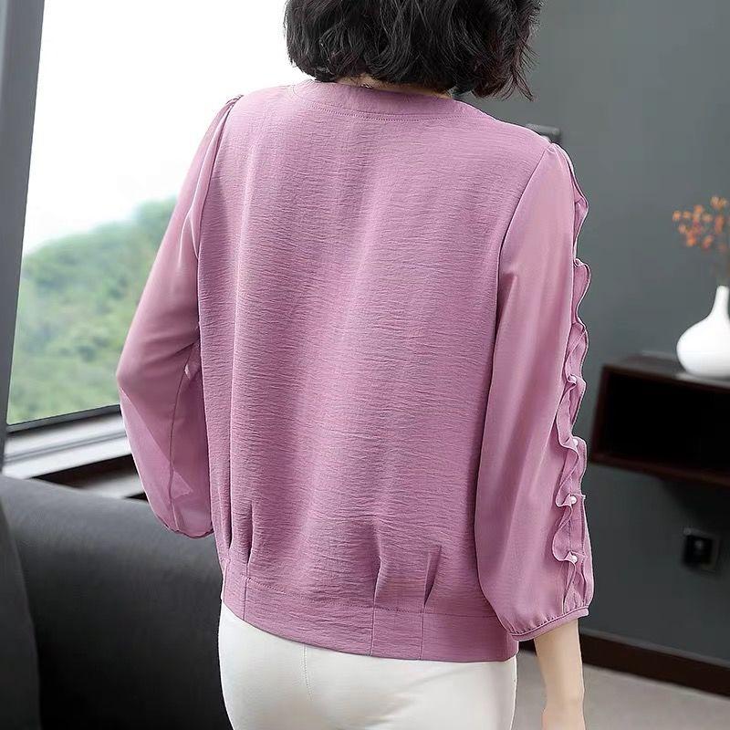 Fashion Elegant Female Ruffles Spliced Beading Chiffon Shirt Spring Summer Women's Clothing Korean 3/4 Sleeve Solid Loose Blouse