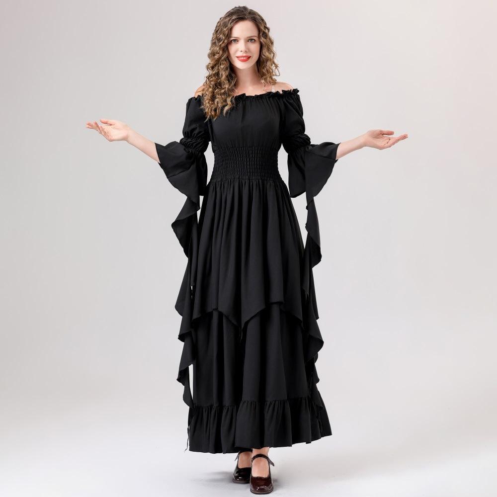 Middle Ages Renaissance off shoulder long dress, flowing flared sleeve dress with ruffles, women's retro court attire