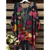 Boho Floralprint Damen T-Shirt Einfaches Vintage Unregelmäßiger Saum Rundhals T-Shirt Modische und Vielseitige Damenbekleidung
