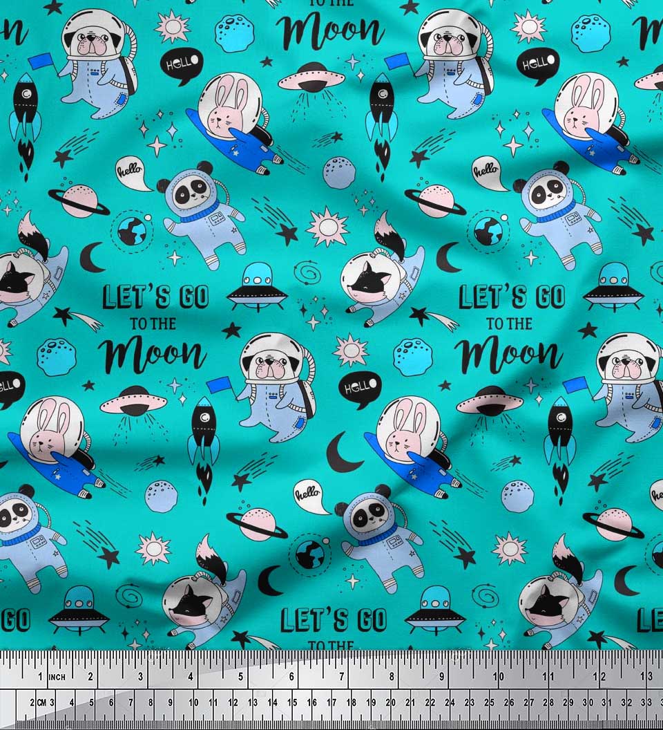 

Тканина для рукоділля Soimoi Japan Crepe Satin Planet, Rocket & Astronaut Animals Мультяшна тканина для рукоділля з принтом на метри 42 дюйми 42 Inch Wide - Poly Crepe зелений