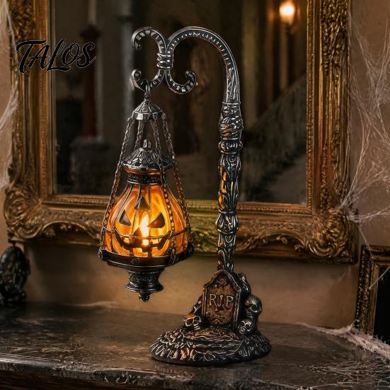 Espeluznante Adorno de Mesa de Resina Calavera Calabaza Gótica Soporte Linterna con Luz Cálida, Lámpara Decorativa de Escritorio Retro Decoración del Hogar, Luz de Atmósfera Curativa