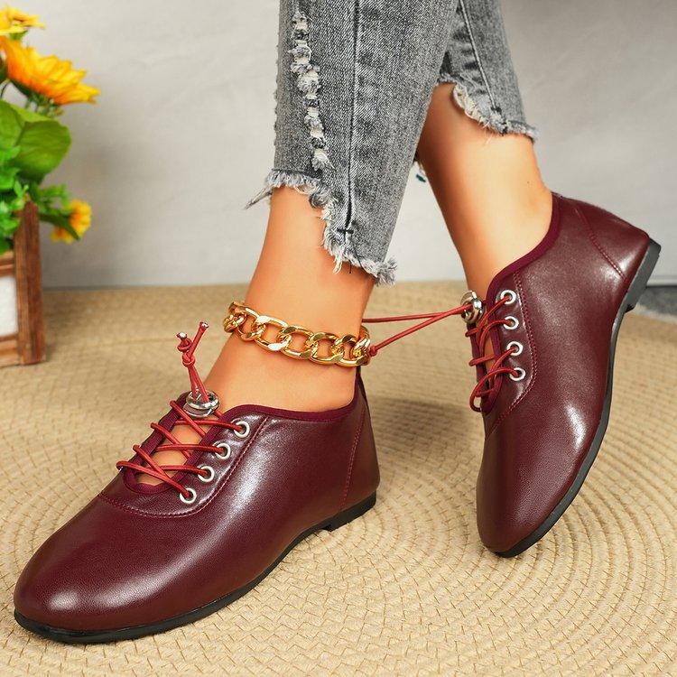 Vintage burgundy lace-up flat ballet shoes female doll French soft leather Mary Jane shoes light mouth single shoes