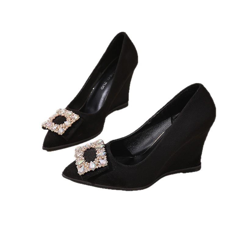 2025 autumn new slope heel single shoes women's black high heels rhinestone square buckle versatile pointed professional work shoes
