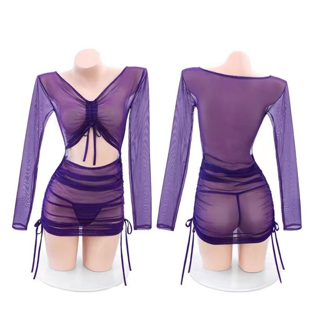 Domila Sexy Underwear Perspective Long Sleeve Hip Wrap Dress Passion Hot Sexy Uniform Temptation Pajama Set