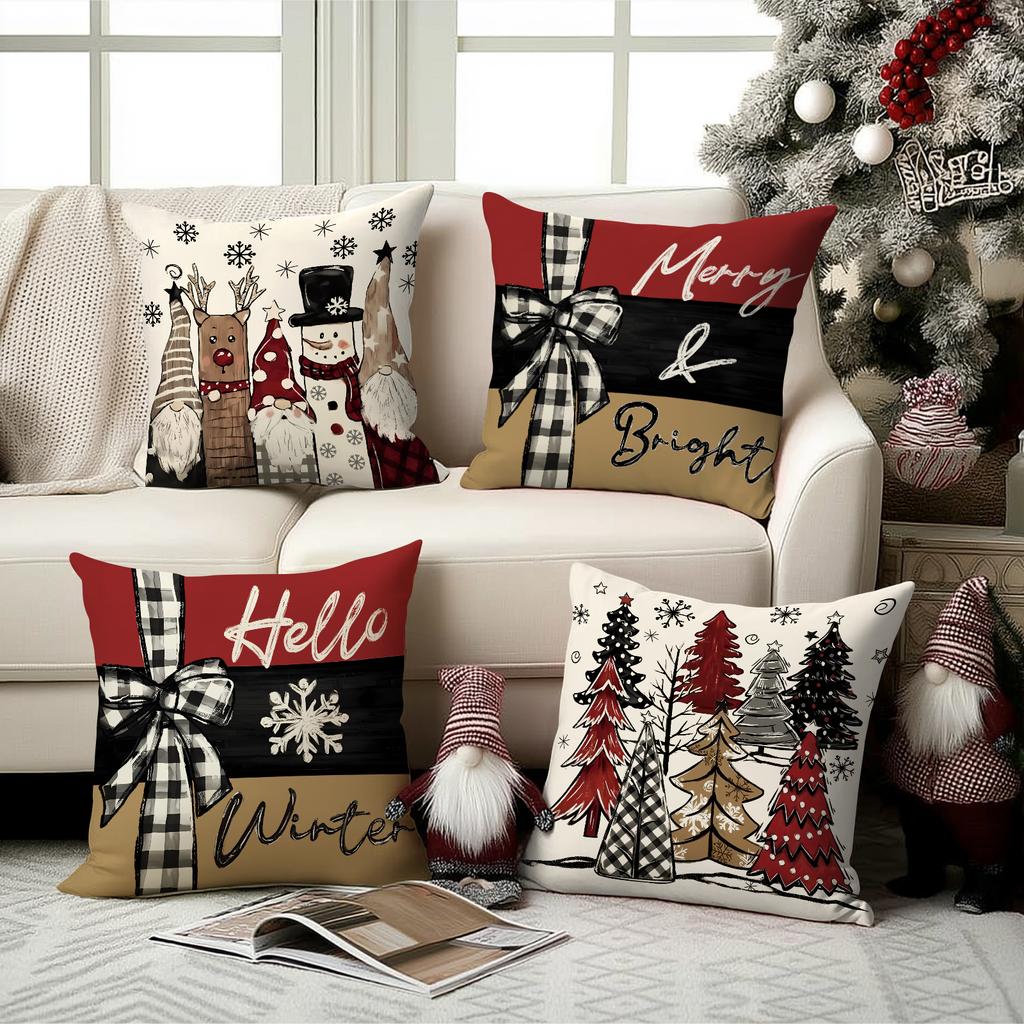 1/4Pcs Vintage Christmas Pillowcases, Christmas Tree, Christmas Elf Reindeer Design Cushion Covers, Winter Holiday Home Decor
