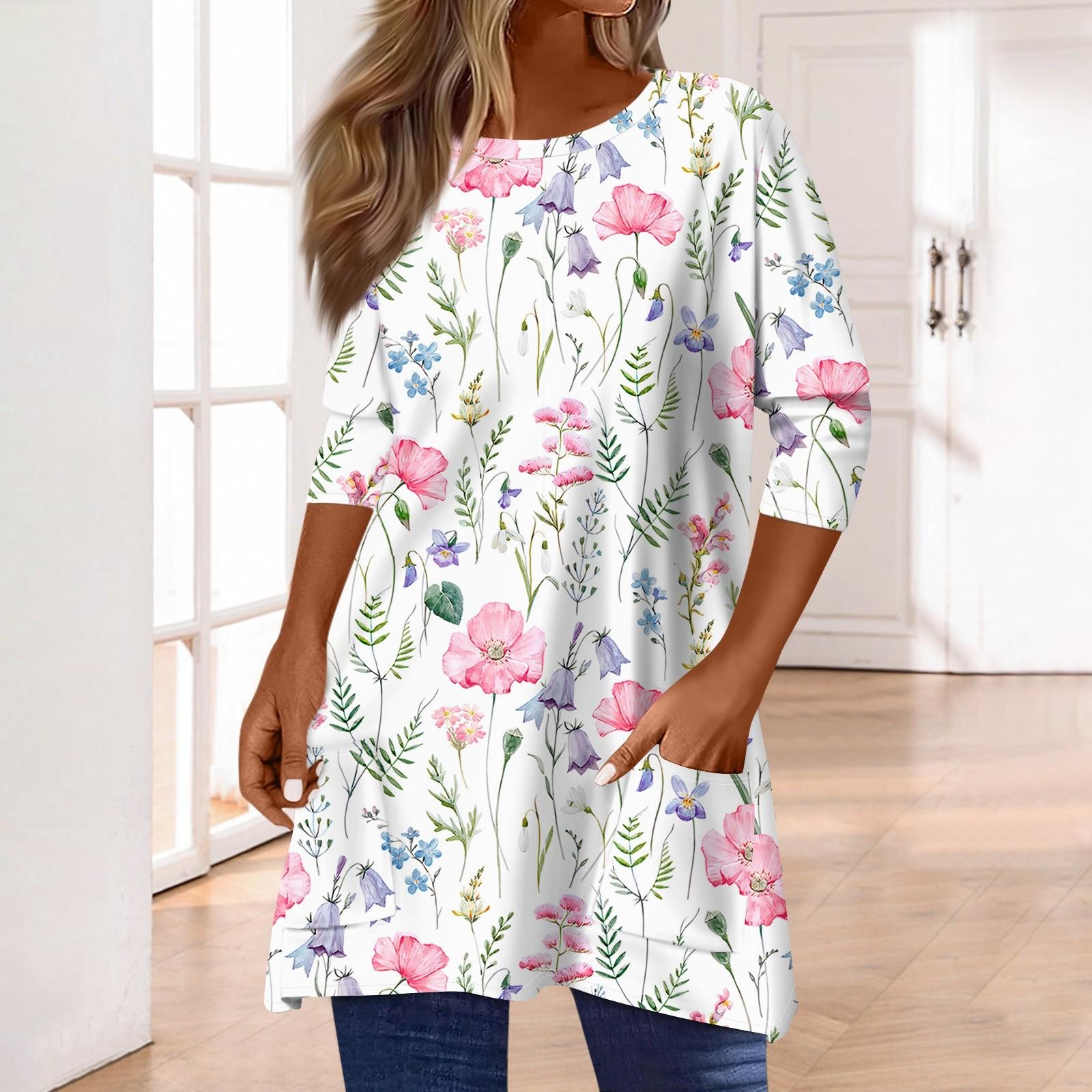 

Жіночі топи з кишенями з рукавом 3/4, футболка, повсякденний принт, топи середньої довжини, футболка, пуловер з круглим вирізом, блузка XL білий