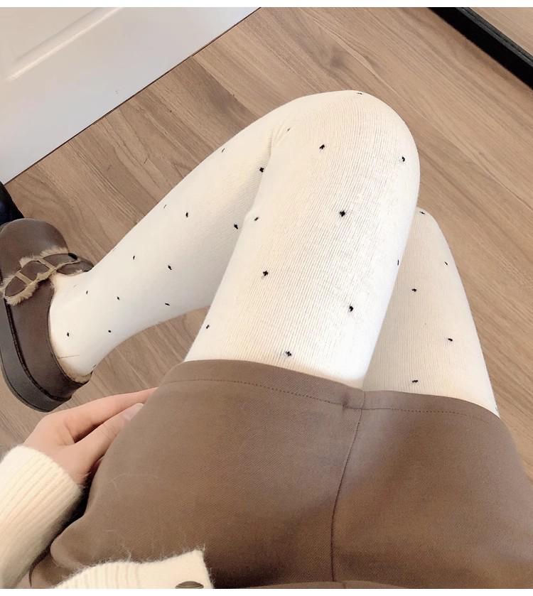 Meias Brancas de Espessura Média para Outono/Inverno & Collants de Bolinhas Cinza Fumo, Leggings Branco Leite Forradas em Algodão