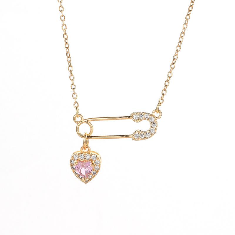 Titanium Steel Pin Love Necklace Women'S Light Luxury Simple Pink Heart Zircon Pendant Collarbone Chain