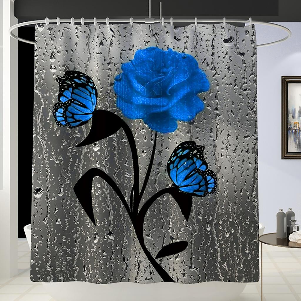 4PCS Flowers Rose Print 3D Shower Curtain Waterproof Polyester Bathroom Curtain Anti-slip Bath Mat Toilet Rugs Carpet Bath Sst Decor