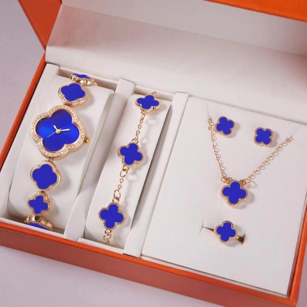 Women Quartz Watch Necklace Ring Jewelry Gift Set Watches Gift Set with Ruby Earrings for Wedding and Party Gift Set