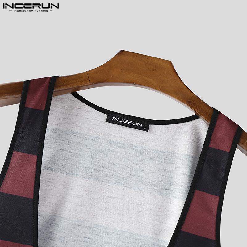 INCERUN Men Low-cut Sleeveless Striped Print Casual Loose Tank Tops
