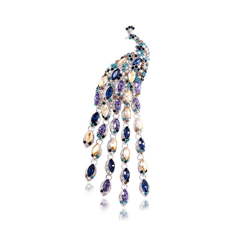 Elegant Rhinestone Peacock Brooches for Women Large Crystal Long Thread Tassel Brooch Pins Accessories Jewelry High Quality