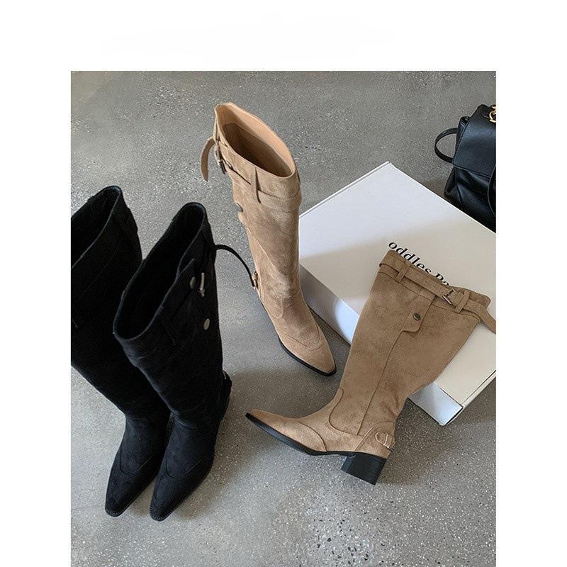 Wasteland style fashion pointed big tube around piling boots women's thick heel pointed high heel boots versatile boots