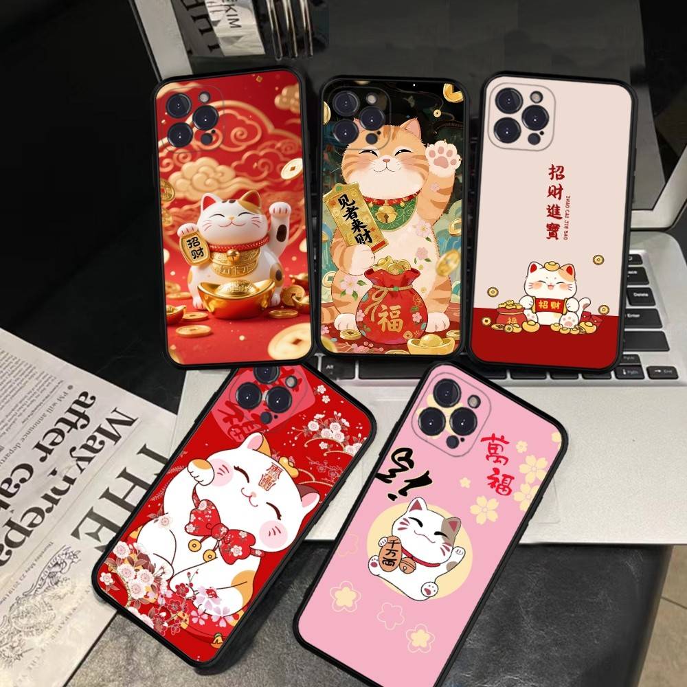 Custodia per Telefono Gatto Portafortuna Per iPhone 16 15 14 13 12 Mini 11 Pro XS Max X XR SE 6 7 8 Plus Copertura Morbida in Silicone