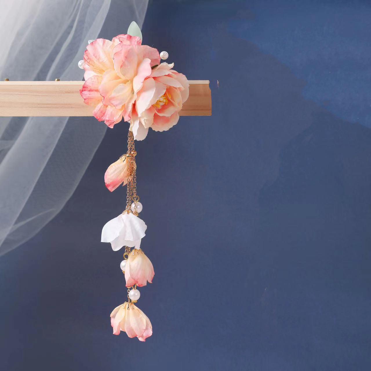 

Tang-Style Hanfu Silk Floral Headpiece with Tassels, Women s Hair Clip and Ancient Side Accessory