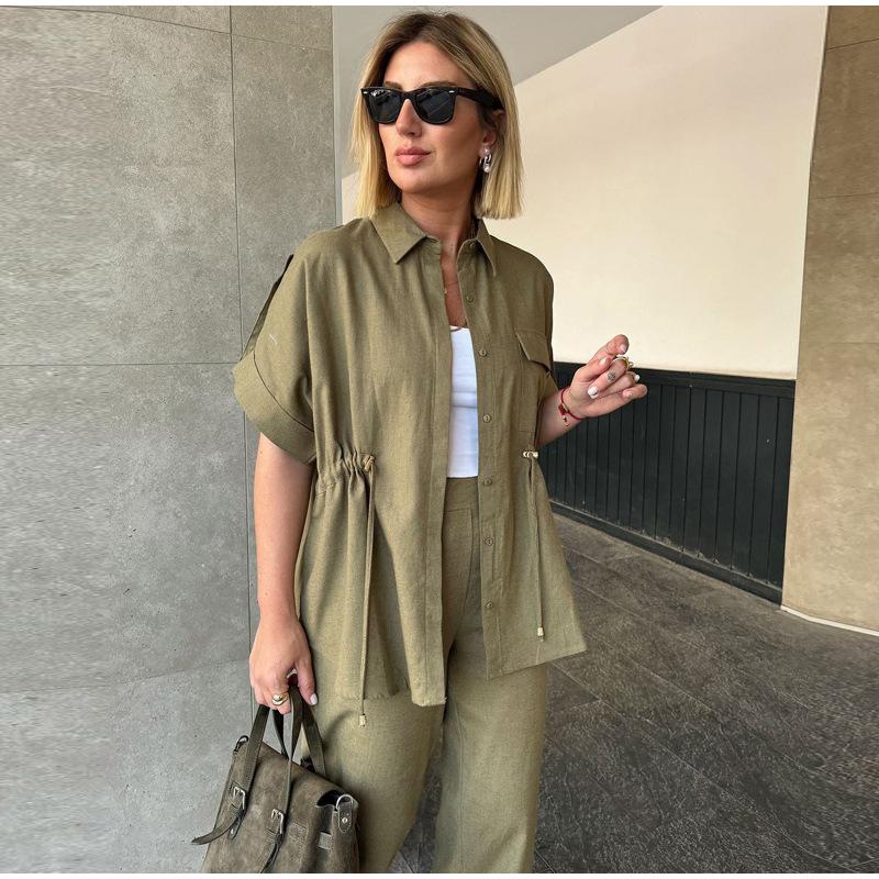 Set de damă cu șort cu șnur și mânecă scurtă, culoare uni, pantaloni lungi, cu trei culori la alegere, cu talie marcată, stil casual, vară, set nou pentru femei