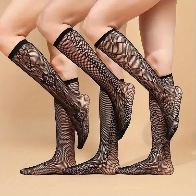 

3 Pair Sexy Fishnet Stockings Hollow Out Woman Socks Transparent Knee High Socks Gothic Lolita Japanese Mid-Tube Female Socks One Size