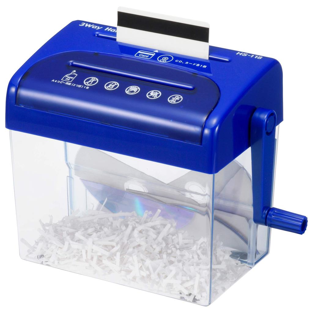 Ohm Electric HS-118-A 3-Way Hand Cross-Cut Shredder (Capacity: Approximately 2.5L for Paper, Blue)