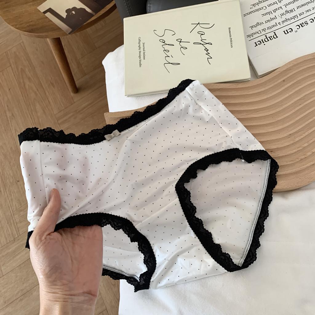 Female Spring and Summer Retro Polka Dot Ice Silk Lace Edge 10A Antibacterial Briefs