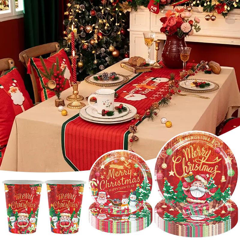 2025 Christmas Party Disposable Tableware Santa Claus Pattern Paper Plates Cups Christmas Tree Napkin Merry Christmas Supplies
