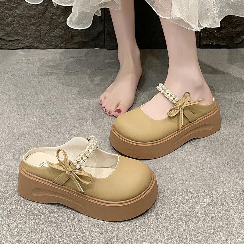 Pearl Round Toe Shoes Platform Women's Slippers and Ladies Sandals Medium Heel Slides Summer Footwear On Promotion Casual Shoe