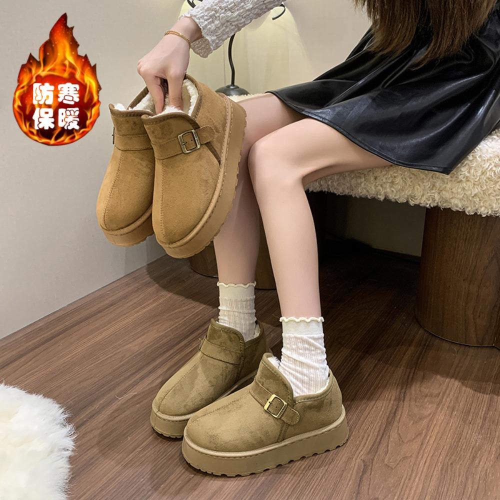 Fashion Metal Buckle Snow Boots Winter New Round Toe Spliced Suede Platform Casual Comfortable Flat Cotton Boots for Women