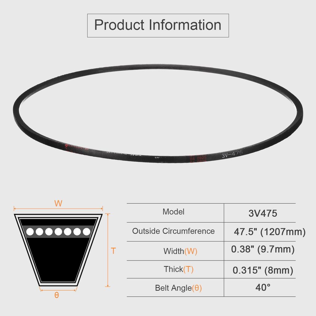 uxcell 3V475 Rubber V-Belts, 47.5" Long x 0.38" Wide x 0.31" Thick, Industrial Power Transmission Belts, Pack of 3