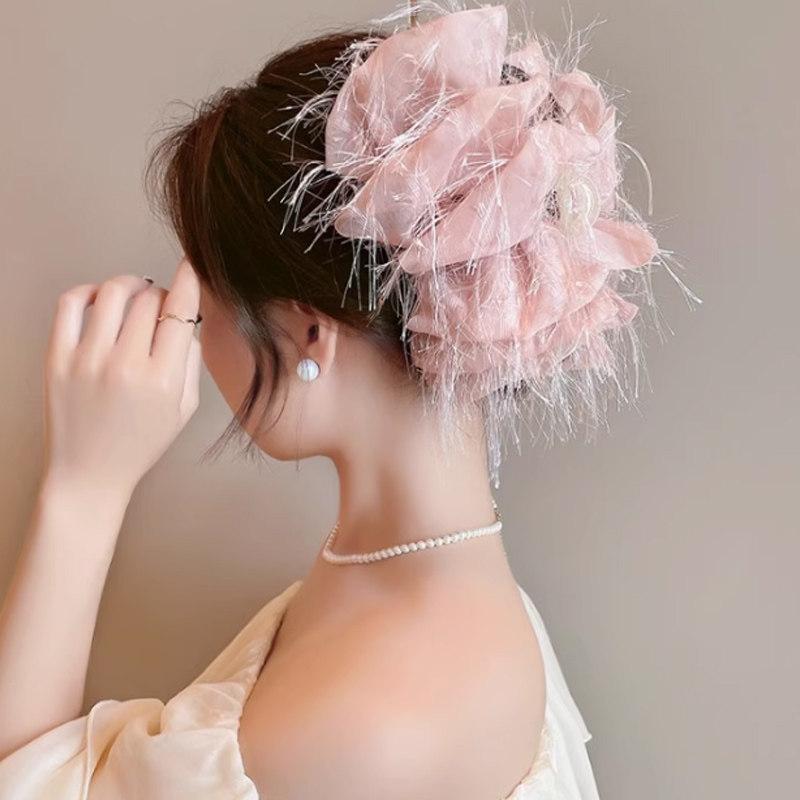 Elegant Mesh Flower Hair Clip in Black for Women Shark Claw for Ponytail Perfect for Celebrations and Days