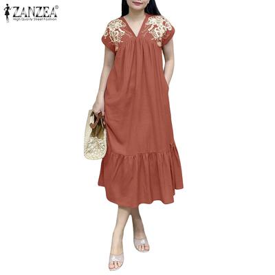 Women Csual V-Neck Summer Short Sleeve Print Long Dress