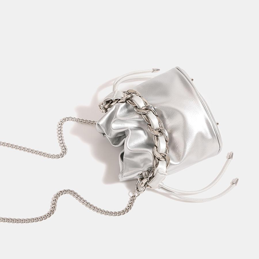 Silver thick chain bucket bags for women pu leather shoulder bag drawstring chains crossbody bags casual commuter purse handbags
