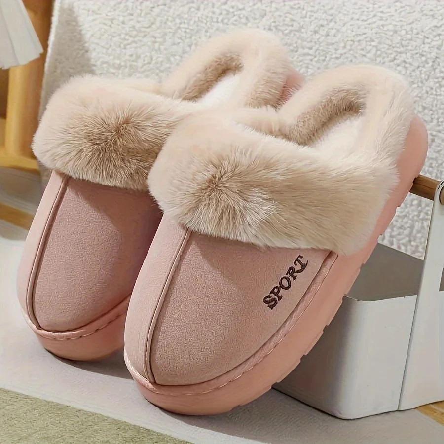 Women Thickened Fluff Warm Slippers Winter Warm Couple Style Concise Fluffy Soft Slippers Men Non-slip Indoor Home Cotton Shoes