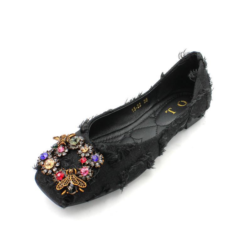 Autumn Fashionable All-match Rhinestone Square Buckle Square Toe Cloth Flat Heel Single Shoes Women's Soft Sole Moccasins