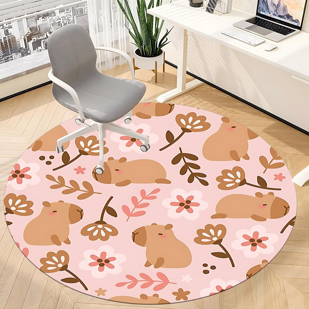1PC Capibala Floral Office Round Area Rug, Indoor Mat Suitable ForOffice, Under Office Chairs Bedroom Living Room Home Decor, Room Deco F180