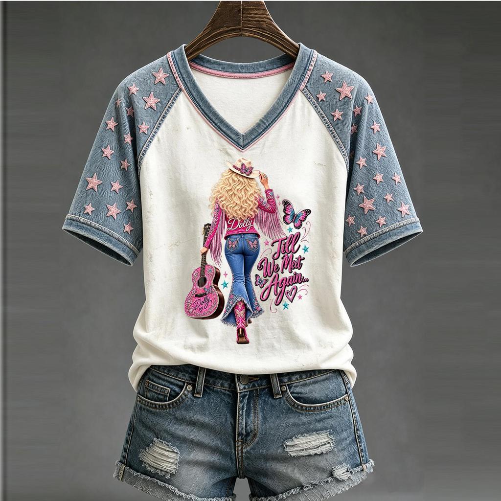 Women's Casual V-Neck Letter Print Short Sleeve Top