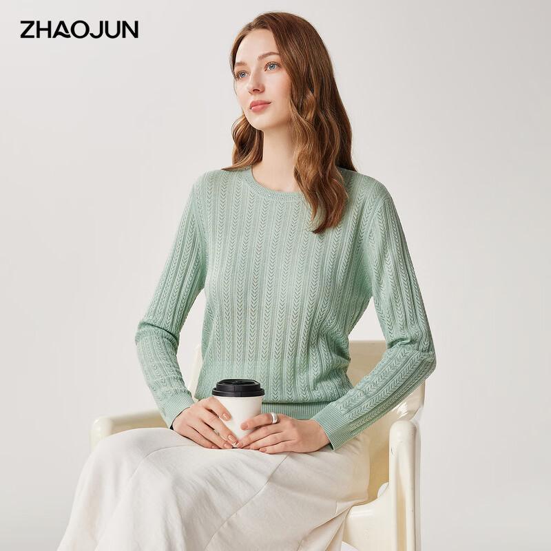 Zhaojun Women's Thin Wool Blend Hollow Knit Round Neck Top