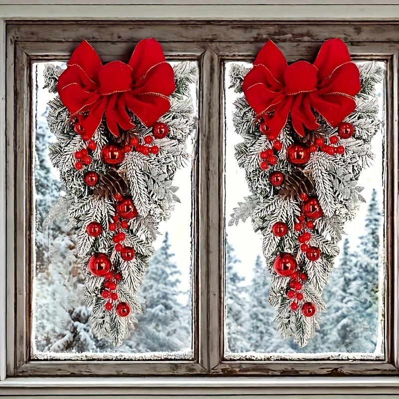 45/60cm Christmas Tree With Red Bow Christmas Ball For Front Door Window  Flocking Wreath Xmas Ornaments Christmas Decorations