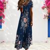 Women Plus Size V Neck Short Sleeve Floral Printed Navy Blue Long Straight Dress