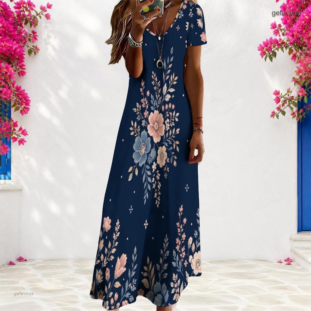 Women Plus Size V Neck Short Sleeve Floral Printed Navy Blue Long Straight Dress