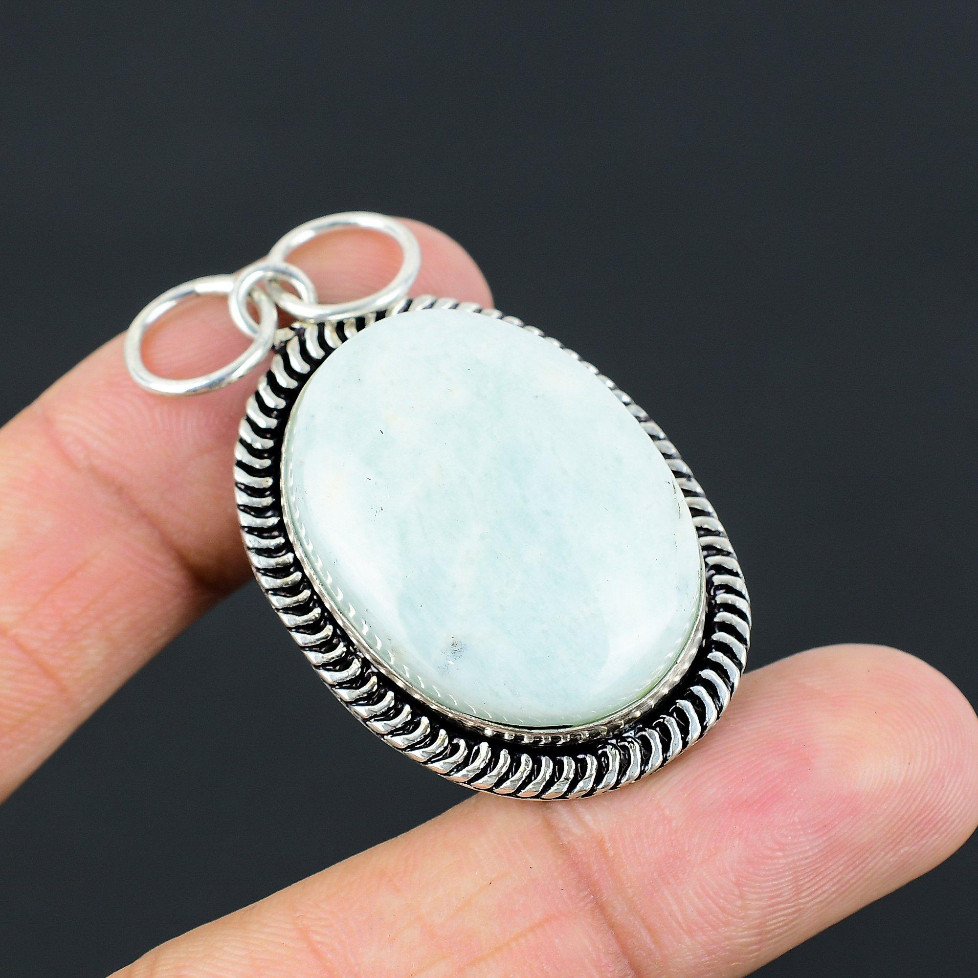 

Oval Amazonite Gemstone Bezel Boho Daughter Wedding Pendant Jewelry 925 Silver